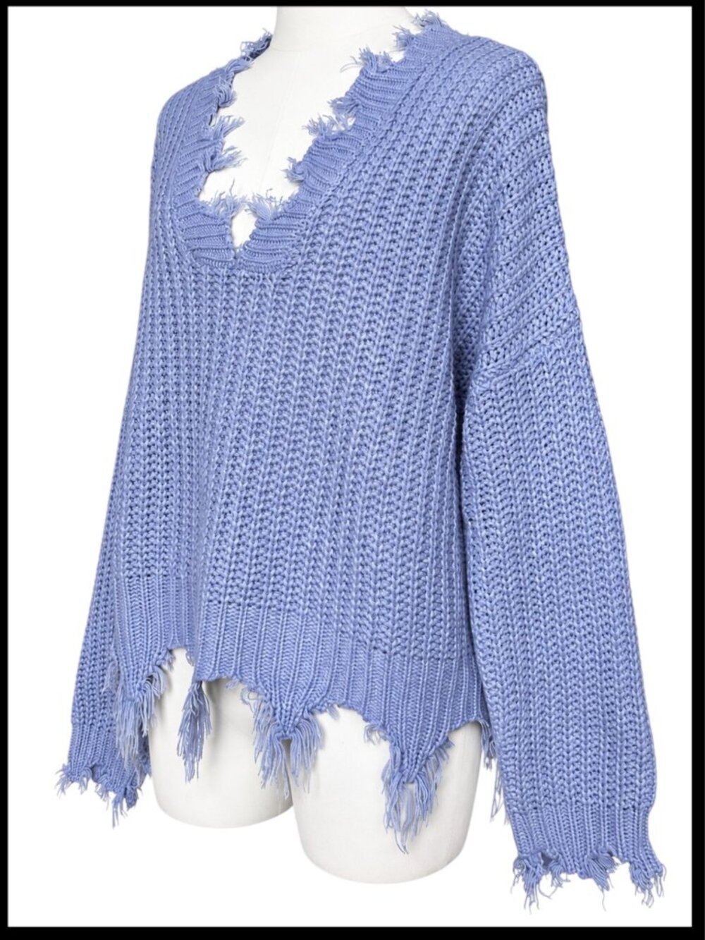 Miracle Periwinkle Blue Purple Distressed Fringe V Neck Sweater S/M - Picture 5 of 8